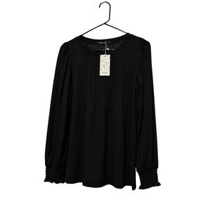 Automet Black Long Sleeve Blouse L Pintuck Front Stretch NWT